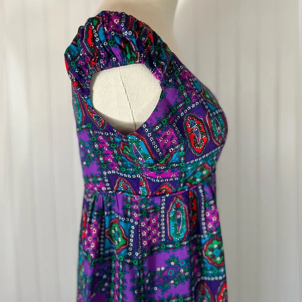 Vintage Hawaiian Purple Psychedelic Floral Patterned Maxi Dress Cap Sleeve Sa-Ne - Picture 11 of 16